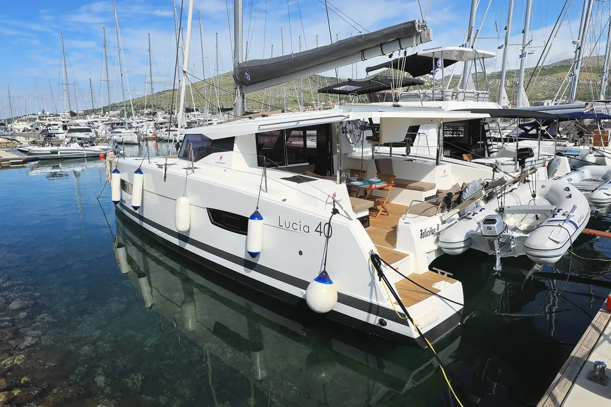Exterior view of Felicitas II, a Fountaine Pajot Lucia 40 catamaran at Grad Biograd na Moru, Croatia
