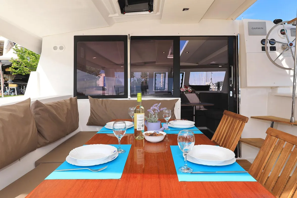 Deck of Felicitas II, a Fountaine Pajot Lucia 40 catamaran at Grad Biograd na Moru, Croatia