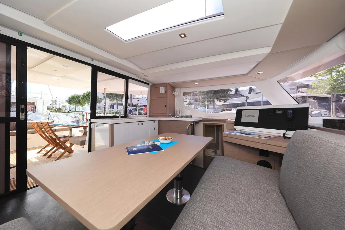 Salon of Felicitas II, a Fountaine Pajot Lucia 40 catamaran at Grad Biograd na Moru, Croatia