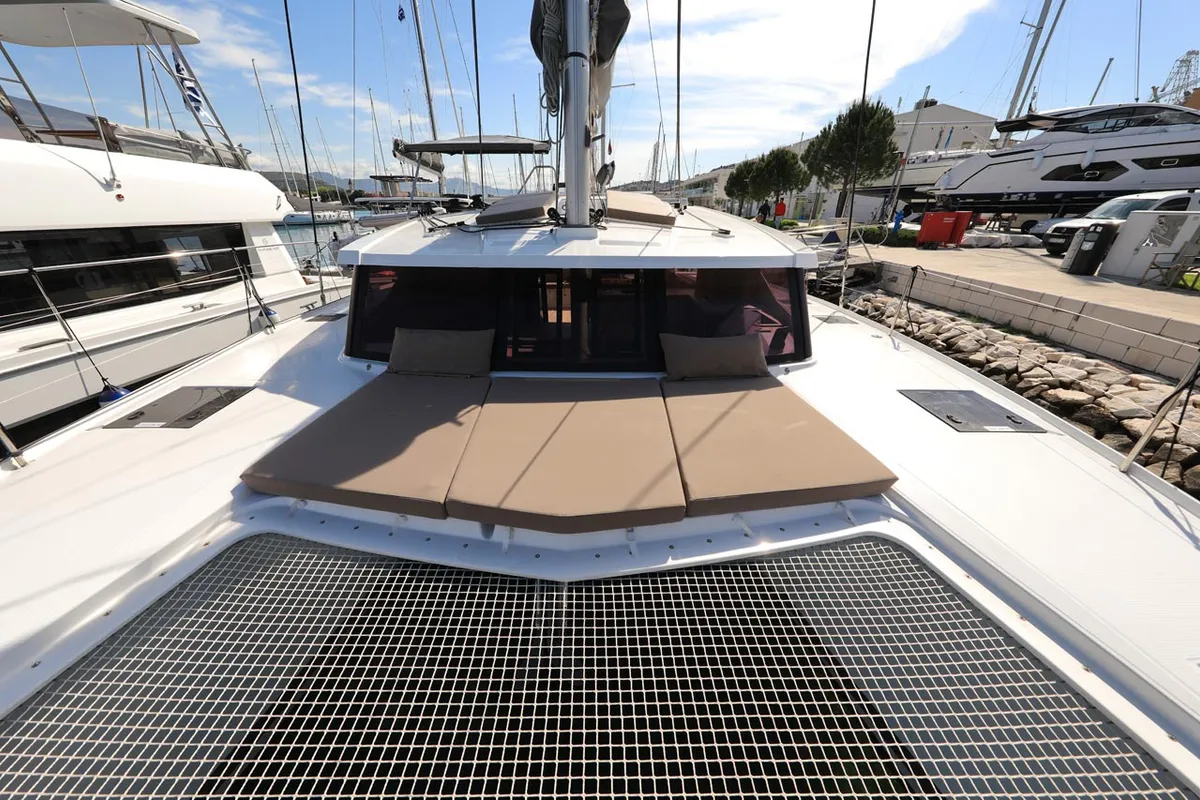 Deck of Felicitas II, a Fountaine Pajot Lucia 40 catamaran at Grad Biograd na Moru, Croatia