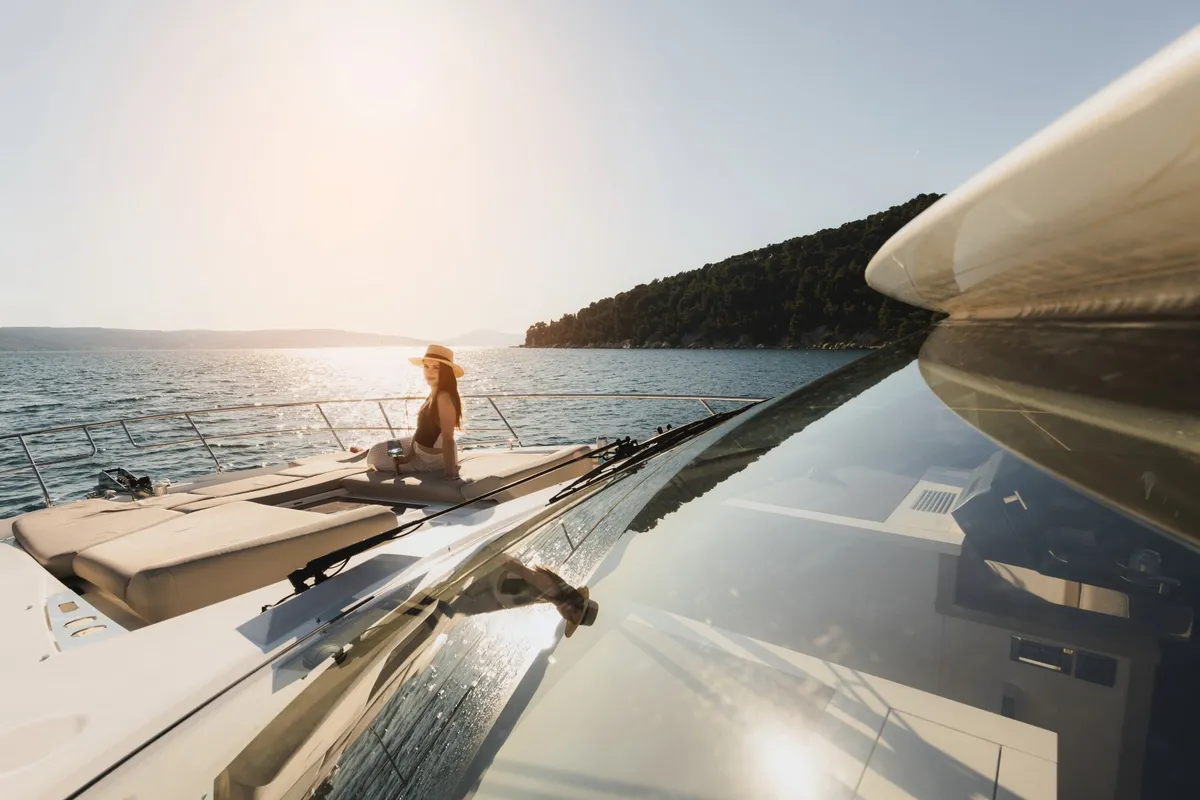 Exterior view of Shaft, a Jeanneau Prestige 590 Flybridge motor yacht at Podstrana - Miljevac, Croatia