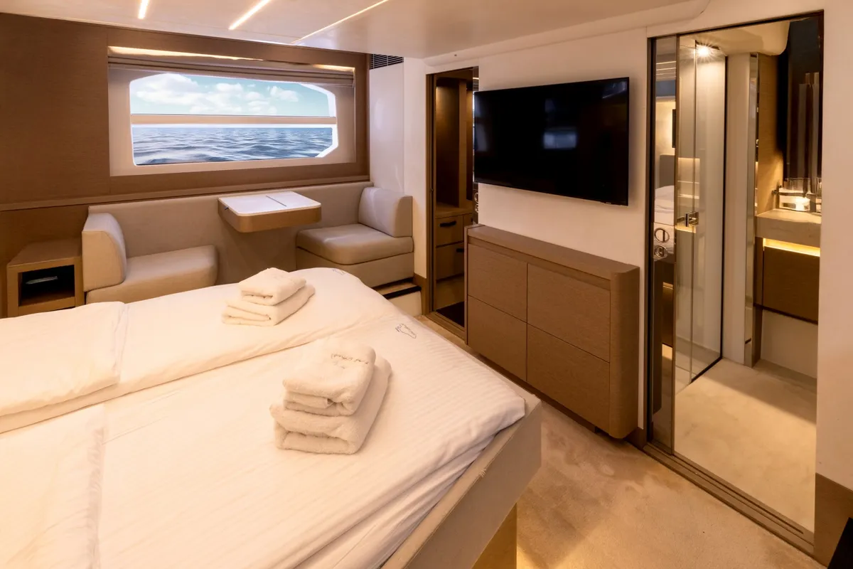 Cabin on Shaft, a Jeanneau Prestige 590 Flybridge motor yacht at Podstrana - Miljevac, Croatia
