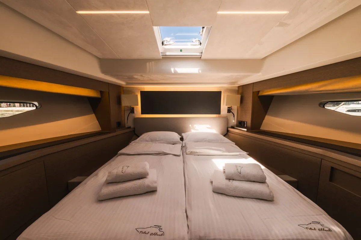 Cabin on Shaft, a Jeanneau Prestige 590 Flybridge motor yacht at Podstrana - Miljevac, Croatia