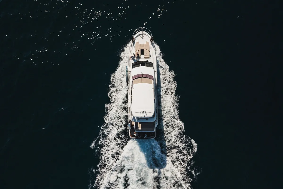 Exterior view of Shaft, a Jeanneau Prestige 590 Flybridge motor yacht at Podstrana - Miljevac, Croatia