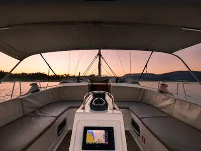 Cockpit of Queen Dina, a Bavaria Cruiser 46 sailboat at Kontokali, Greece