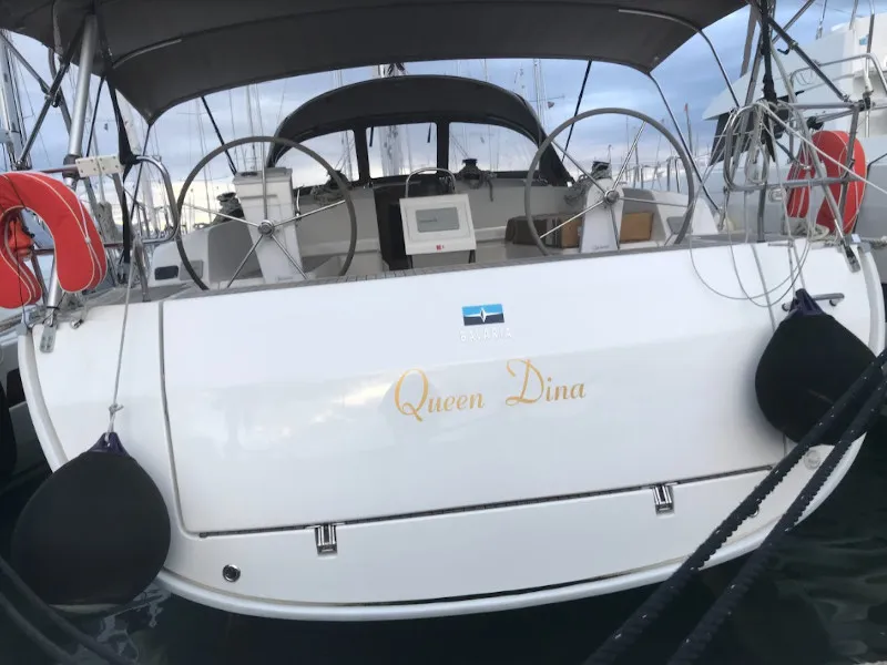 Deck of Queen Dina, a Bavaria Cruiser 46 sailboat at Kontokali, Greece