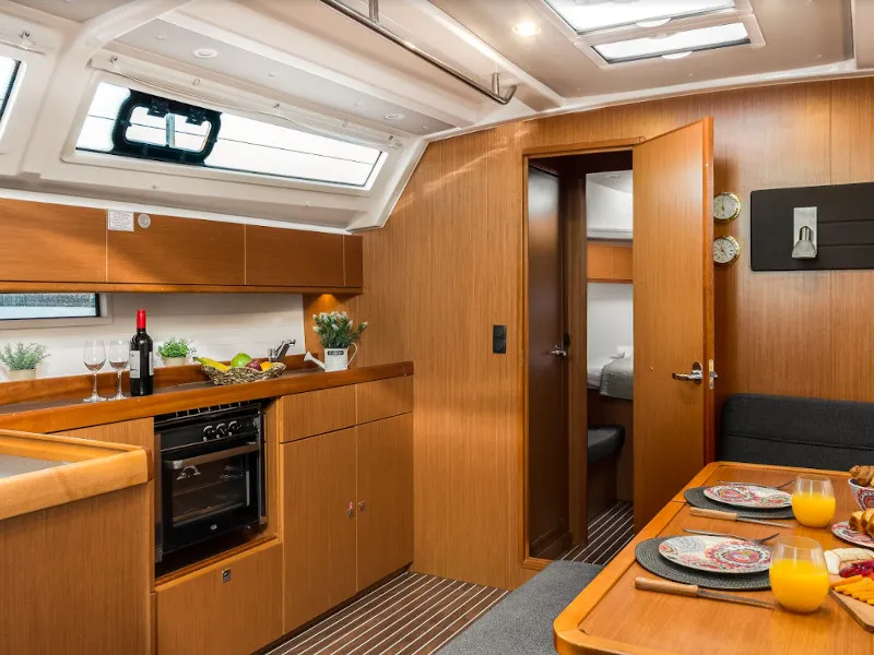 Galley of Queen Dina, a Bavaria Cruiser 46 sailboat at Kontokali, Greece