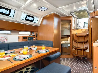 Salon of Queen Dina, a Bavaria Cruiser 46 sailboat at Kontokali, Greece