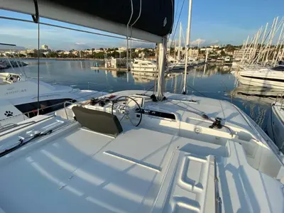 Cockpit of Les Jumeaux, a Lagoon 46 OW catamaran at Ventimiglia, Italy