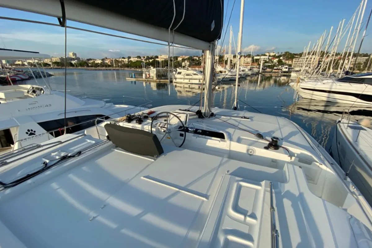 Cockpit of Les Jumeaux, a Lagoon 46 OW catamaran at Ventimiglia, Italy