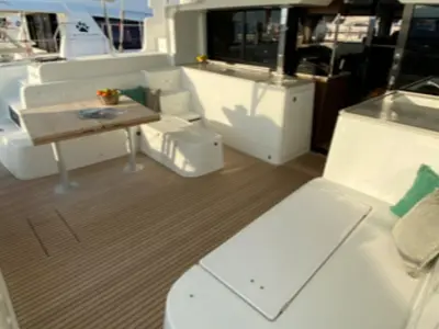 Deck of Les Jumeaux, a Lagoon 46 OW catamaran at Ventimiglia, Italy