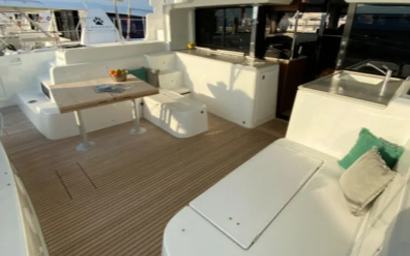 Deck of Les Jumeaux, a Lagoon 46 OW catamaran at Ventimiglia, Italy