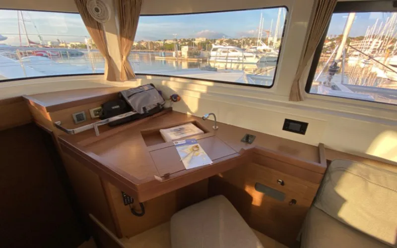 Salon of Les Jumeaux, a Lagoon 46 OW catamaran at Ventimiglia, Italy