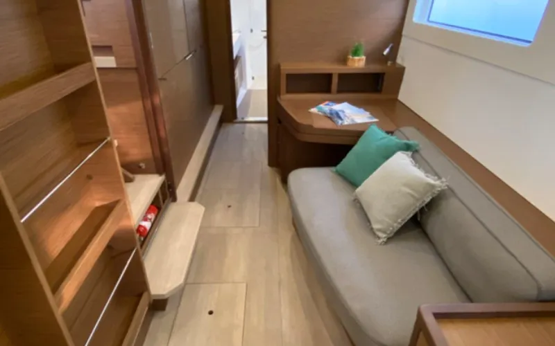 Salon of Les Jumeaux, a Lagoon 46 OW catamaran at Ventimiglia, Italy