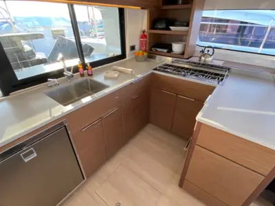Galley of Les Jumeaux, a Lagoon 46 OW catamaran at Ventimiglia, Italy
