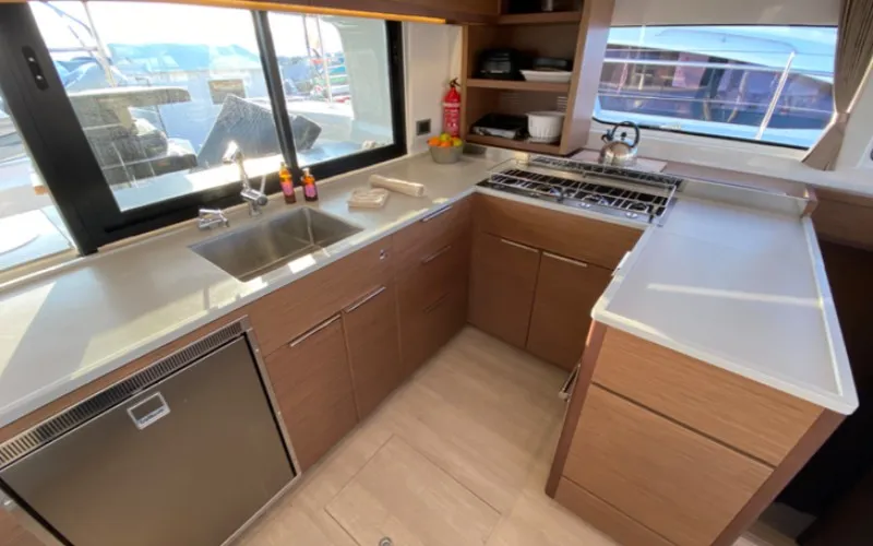 Galley of Les Jumeaux, a Lagoon 46 OW catamaran at Ventimiglia, Italy