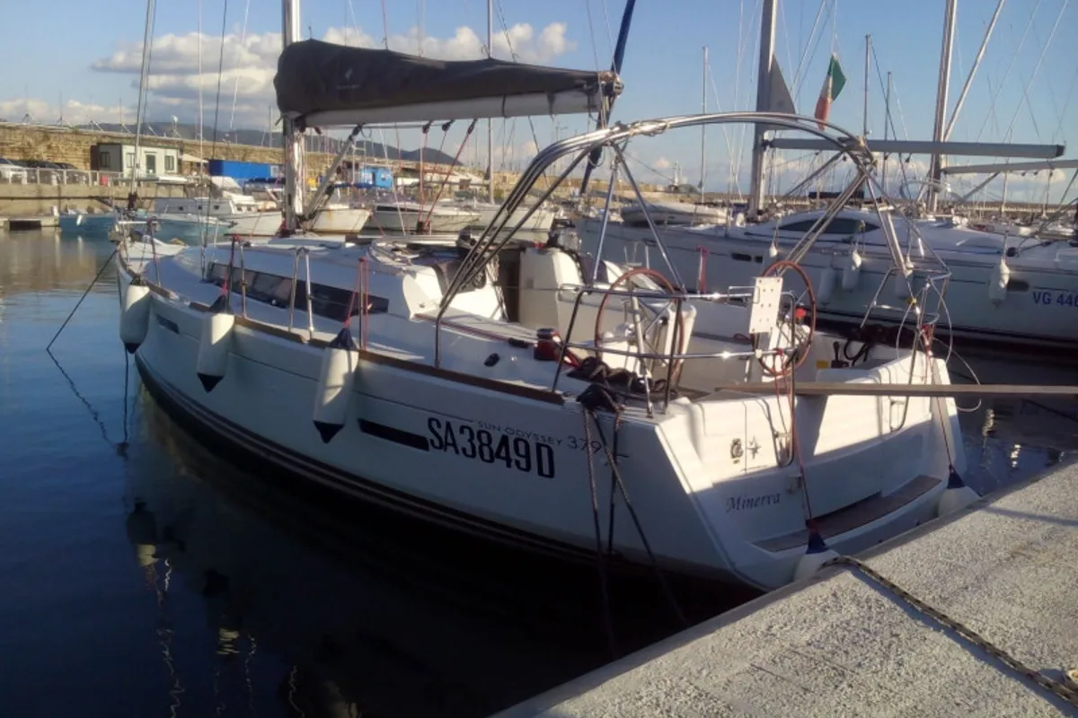 Exterior view of Minerva, a Jeanneau Sun Odyssey 379 sailboat at Salerno, Italy