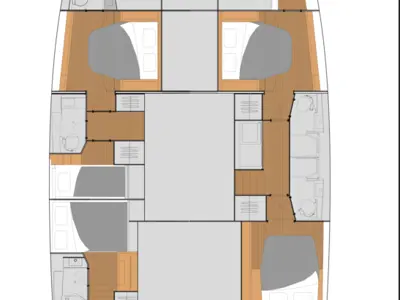 Floor plan of Cattitude, a Fountaine Pajot Tanna 47 catamaran at Central Abaco, Bahamas
