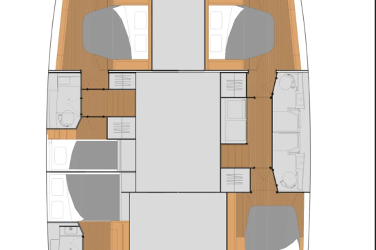Floor plan of Cattitude, a Fountaine Pajot Tanna 47 catamaran at Central Abaco, Bahamas