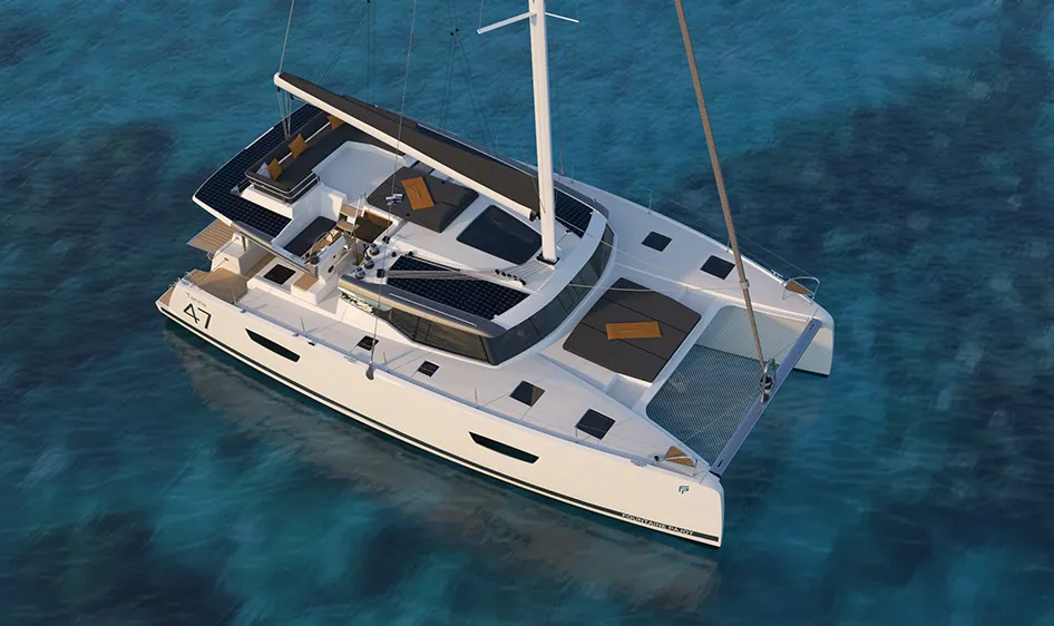 Exterior view of Cattitude, a Fountaine Pajot Tanna 47 catamaran at Central Abaco, Bahamas