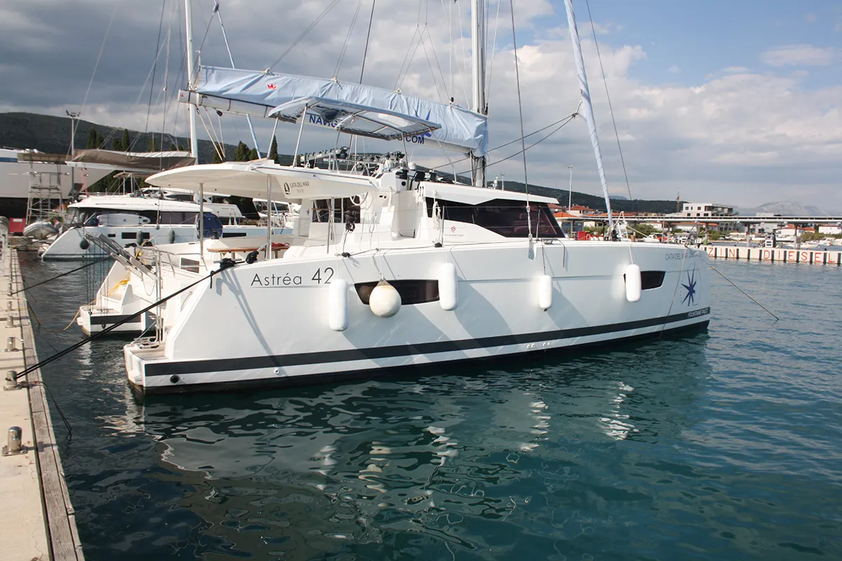 Exterior view of Cata del Mar, a Fountaine Pajot Astrea 42 catamaran at Seget Donji, Croatia