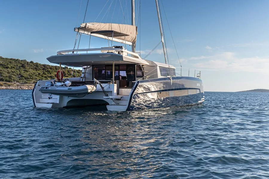 Exterior view of Var, a Dufour 48 Catamaran catamaran at Primošten, Croatia