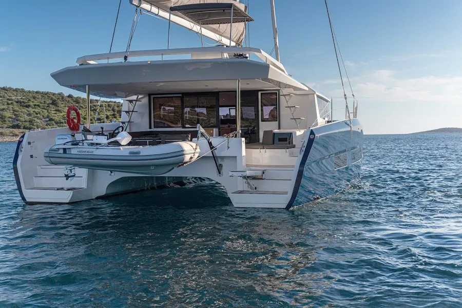 Exterior view of Var, a Dufour 48 Catamaran catamaran at Primošten, Croatia