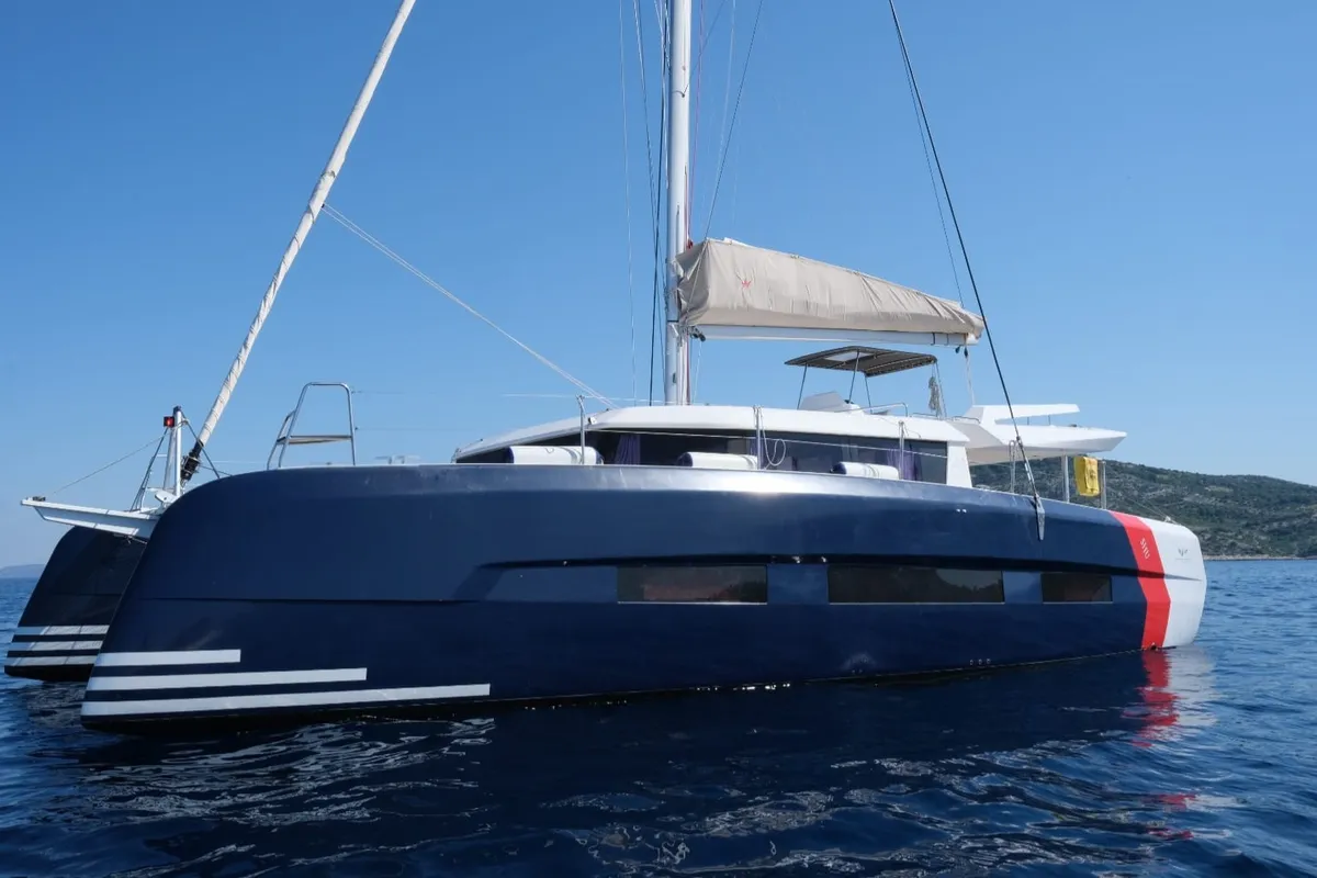 Exterior view of Var, a Dufour 48 Catamaran catamaran at Primošten, Croatia