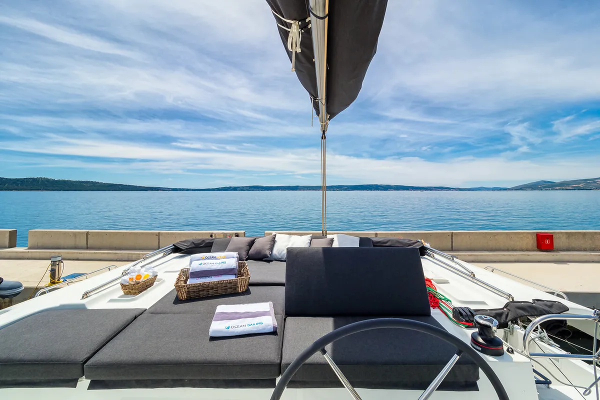 Deck of Madame El Grande, a Lagoon 46 catamaran at Kaštela, Croatia