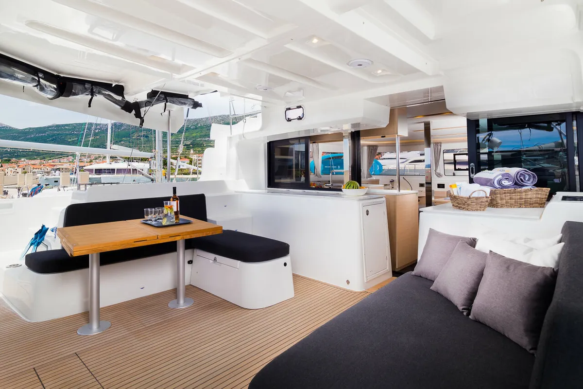 Deck of Madame El Grande, a Lagoon 46 catamaran at Kaštela, Croatia
