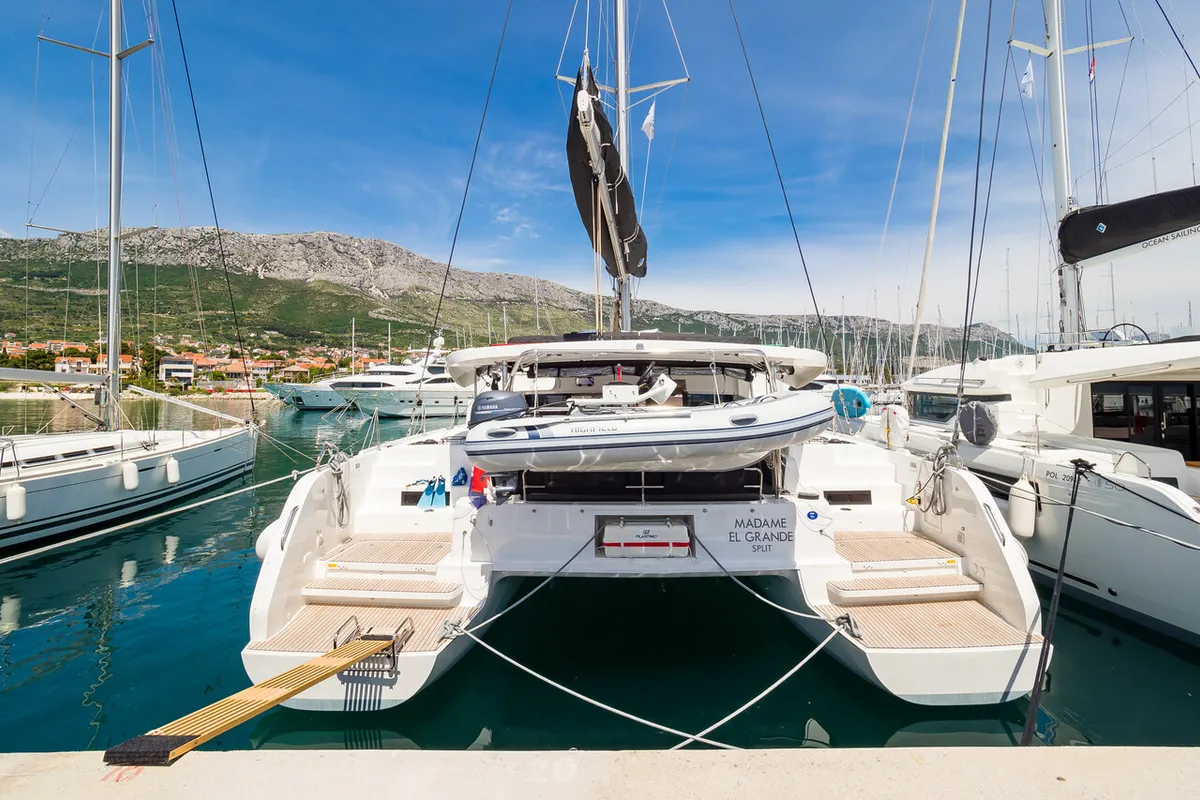 Exterior view of Madame El Grande, a Lagoon 46 catamaran at Kaštela, Croatia