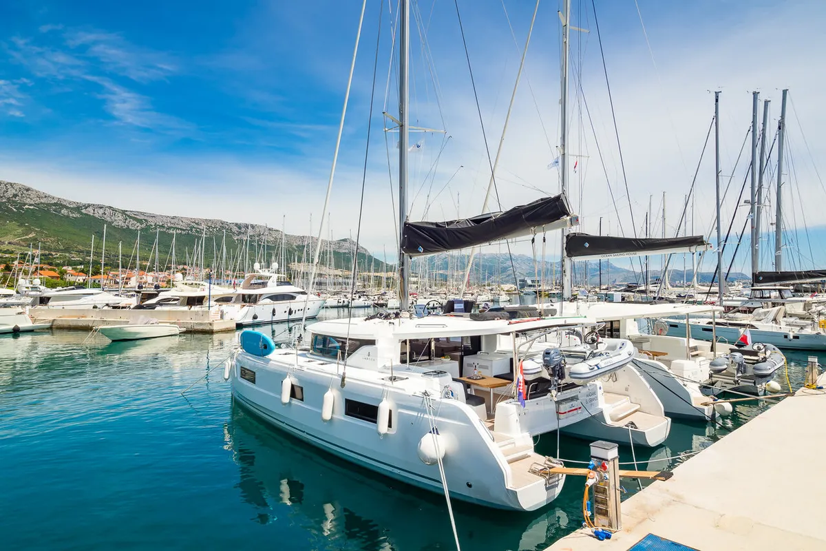 Exterior view of Madame El Grande, a Lagoon 46 catamaran at Kaštela, Croatia