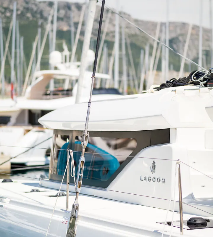 Exterior view of Madame El Grande, a Lagoon 46 catamaran at Kaštela, Croatia