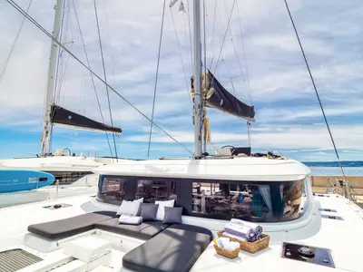 Deck of Madame El Grande, a Lagoon 46 catamaran at Kaštela, Croatia
