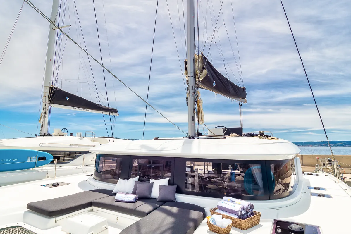 Deck of Madame El Grande, a Lagoon 46 catamaran at Kaštela, Croatia