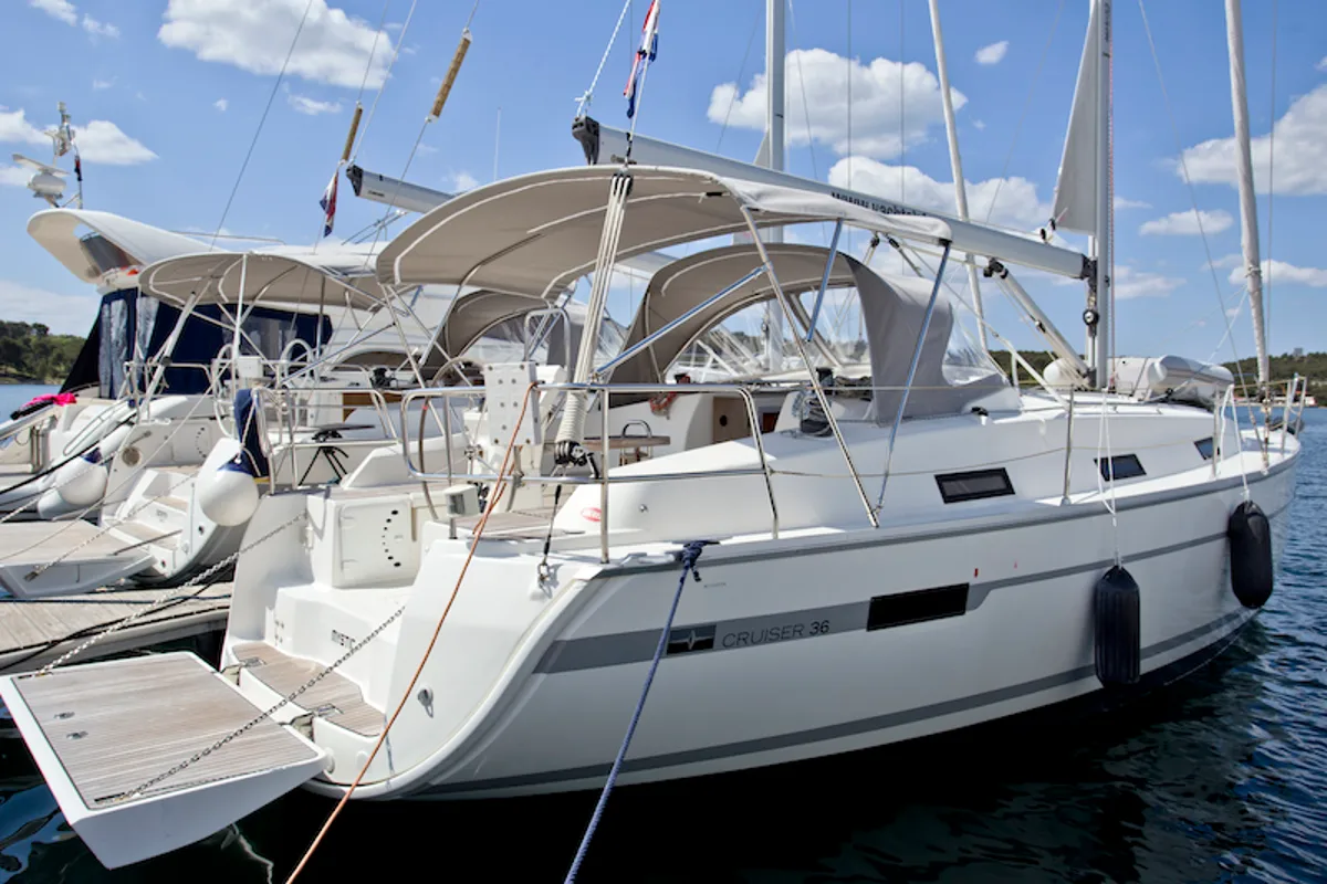 Exterior view of Mystic, a Bavaria 36 Cruiser sailboat at Šibenik, Croatia