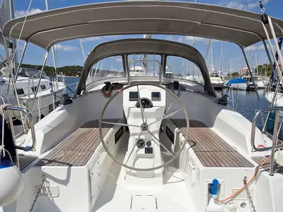 Cockpit of Mystic, a Bavaria 36 Cruiser sailboat at Šibenik, Croatia