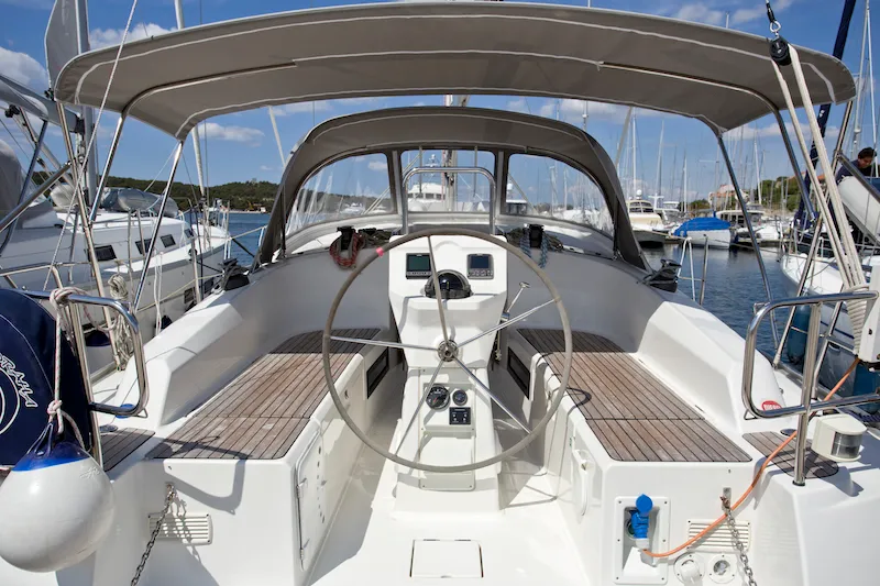 Cockpit of Mystic, a Bavaria 36 Cruiser sailboat at Šibenik, Croatia
