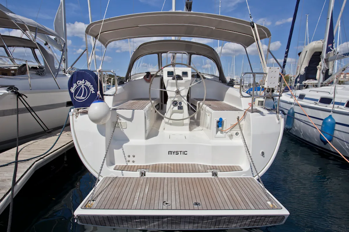 Exterior view of Mystic, a Bavaria 36 Cruiser sailboat at Šibenik, Croatia