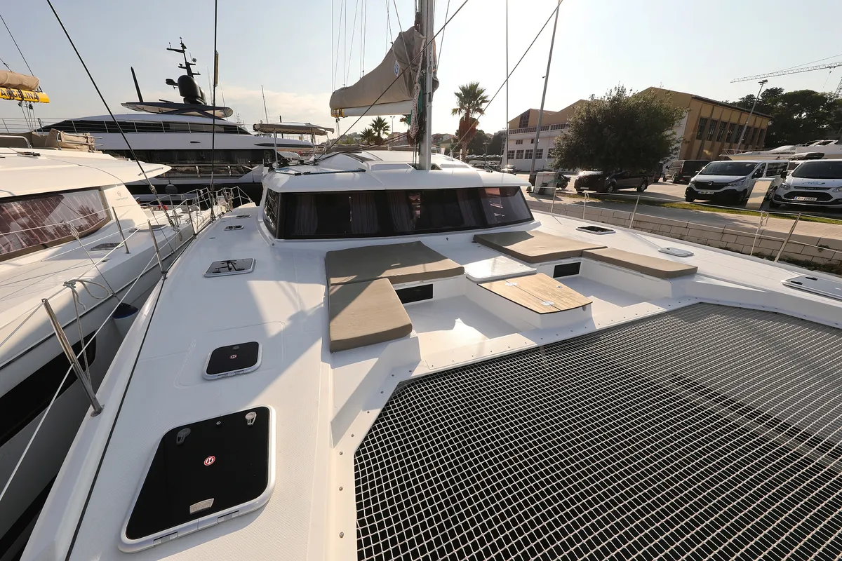 Deck of Poco Loco, a Fountaine Pajot Saba 50 catamaran at Grad Trogir, Croatia