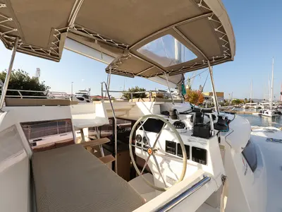 Cockpit of Poco Loco, a Fountaine Pajot Saba 50 catamaran at Grad Trogir, Croatia