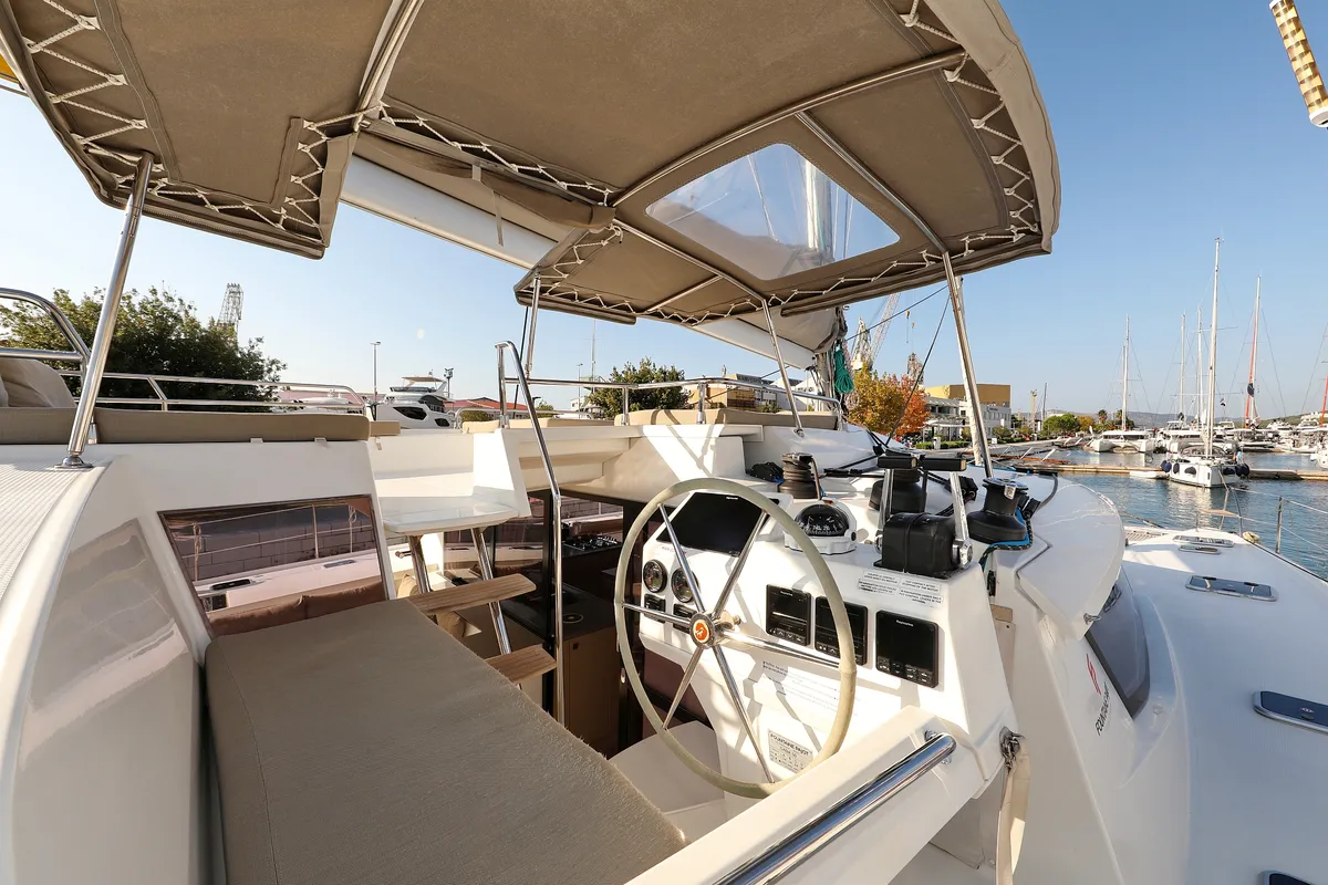 Cockpit of Poco Loco, a Fountaine Pajot Saba 50 catamaran at Grad Trogir, Croatia