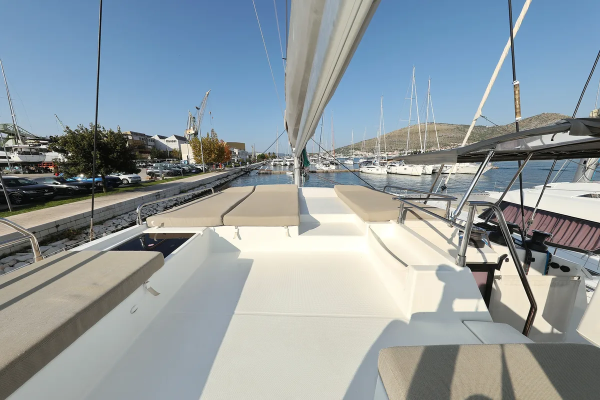 Deck of Poco Loco, a Fountaine Pajot Saba 50 catamaran at Grad Trogir, Croatia