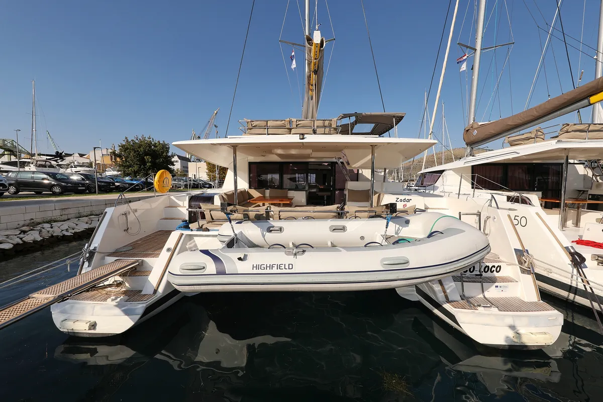 Exterior view of Poco Loco, a Fountaine Pajot Saba 50 catamaran at Grad Trogir, Croatia