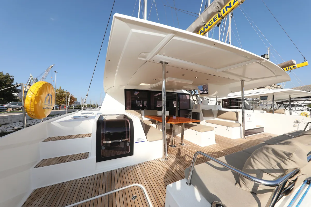 Deck of Poco Loco, a Fountaine Pajot Saba 50 catamaran at Grad Trogir, Croatia