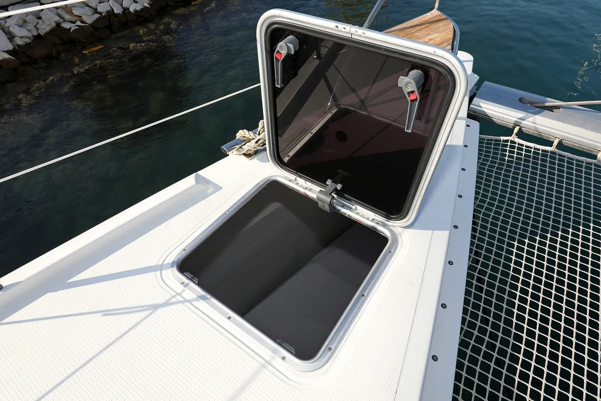 Deck of Poco Loco, a Fountaine Pajot Saba 50 catamaran at Grad Trogir, Croatia