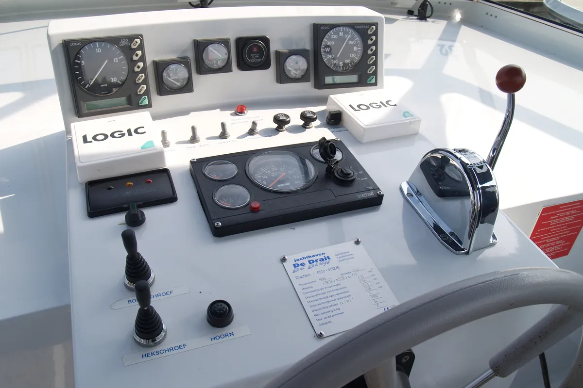 Cockpit of Drait 31, a De Drait Renal 45 motorboat at Drachten, Netherlands