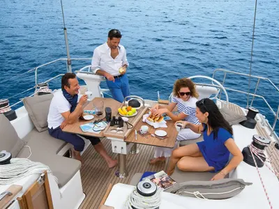 Deck of Nata, a Bavaria Cruiser 51 sailboat at Volos, Greece