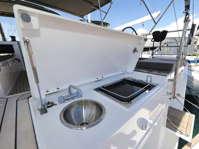 Deck of Scooby Doo, a Dufour 44 sailboat at Grad Pula, Croatia