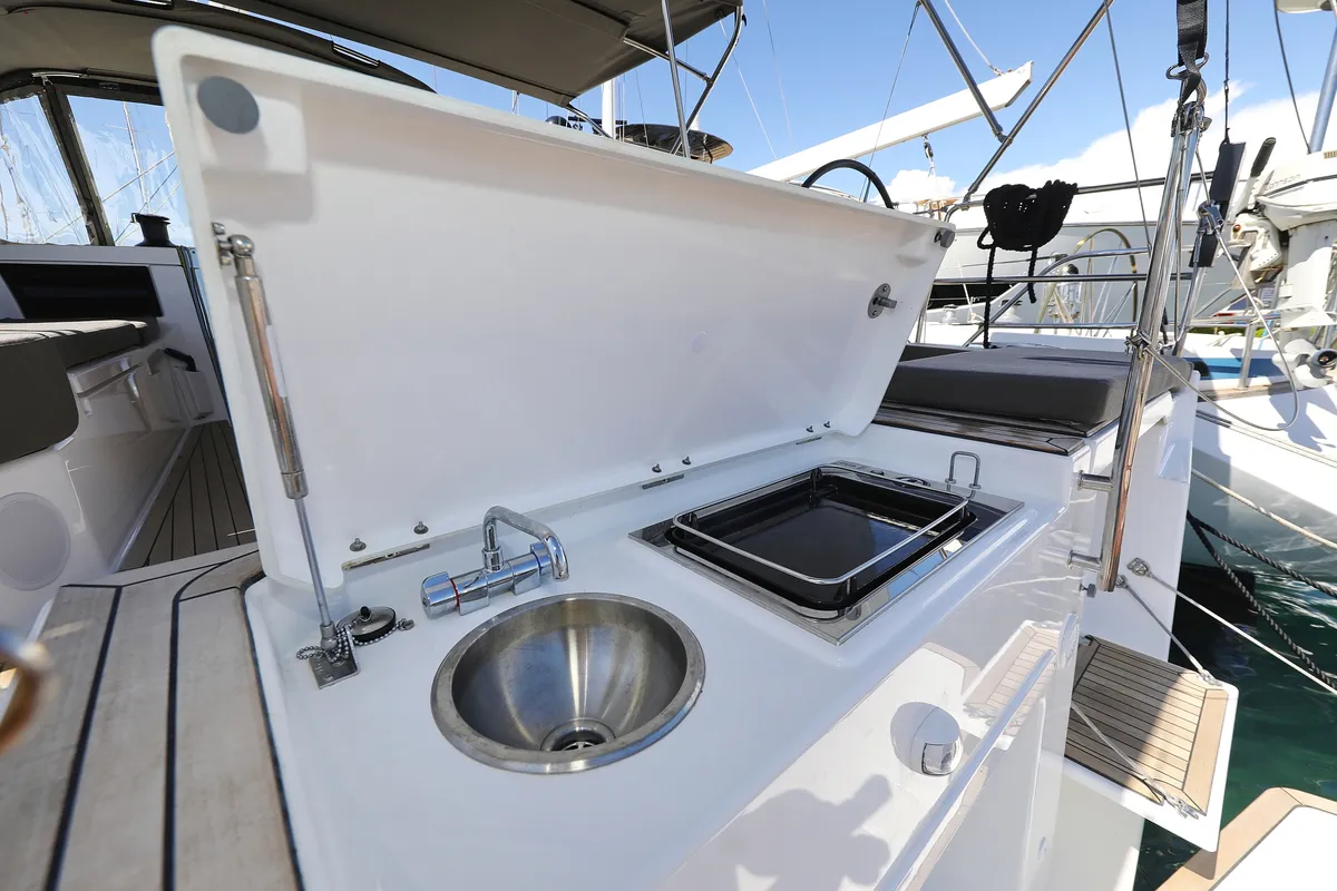 Deck of Scooby Doo, a Dufour 44 sailboat at Grad Pula, Croatia